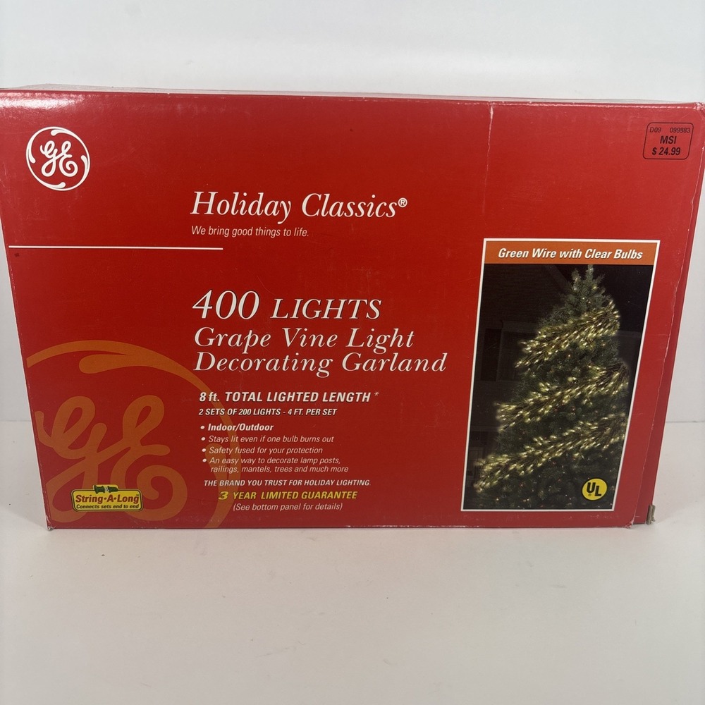 Grape Vine Decorating Garland with 400 Clear Lights 8 Ft - GE Holiday Christmas
